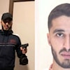 Till vänster i bild, man håller i automatvapen, och pistol, till höger i bild - ansiktsbild på man med kortklippt mörkt hår och skägg. 