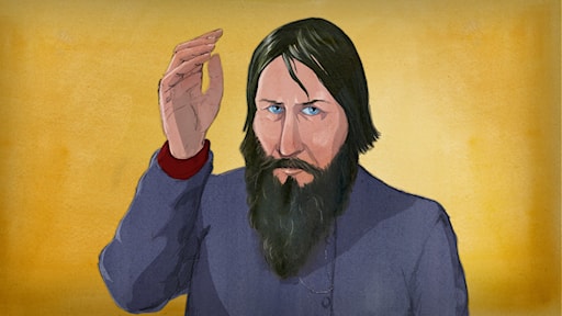 Rasputin - en  man med långt skägg och hår till öronen. Håller ena handen uppe, som att han vill förklara något.