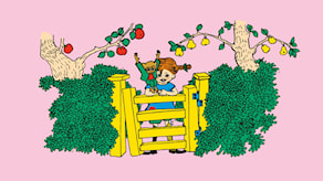Pippi flyttar in i Villa Villekulla. Pippi och Herr Nilsson står vid grinden till sitt hus och tittar ut mot gatan. © Ingrid Vang Nyman/Astrid Lindgren AB