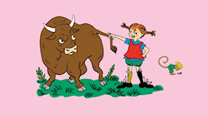 Pippi ordnar utflykt. Pippi har träffat på en ilsken tjur och håller den i svansen. Herr Nilsson tittar på en myra som kryper på marken. © Ingrid Vang Nyman/Astrid Lindgren AB